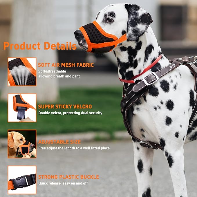 Dog Muzzle, Soft Breathable Muzzle for Small Medium Large Dogs, Air Mesh Nylon Muzzle Cover Prevent Biting Barking Chewing, Adjustable Drinkable Pet Muzzle 6 Sizes (Orange,M)