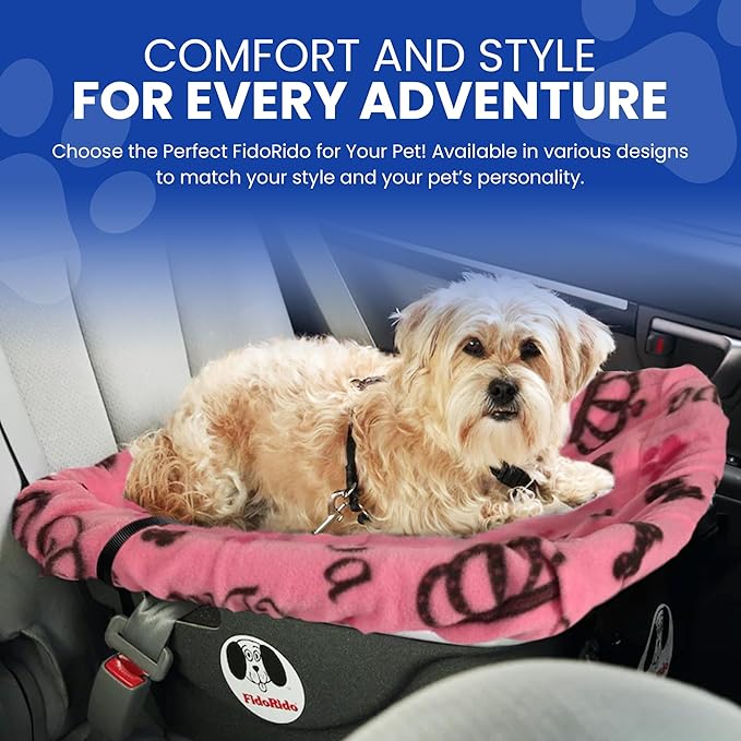 FidoRido Dog Car Seat - Pet Booster Seat for Small to Medium Dogs with Comfortable Cushions, Sherpa Cover, and Safety Straps, Easy to Install, Ideal for Travel, Pink Diva - Medium Harness