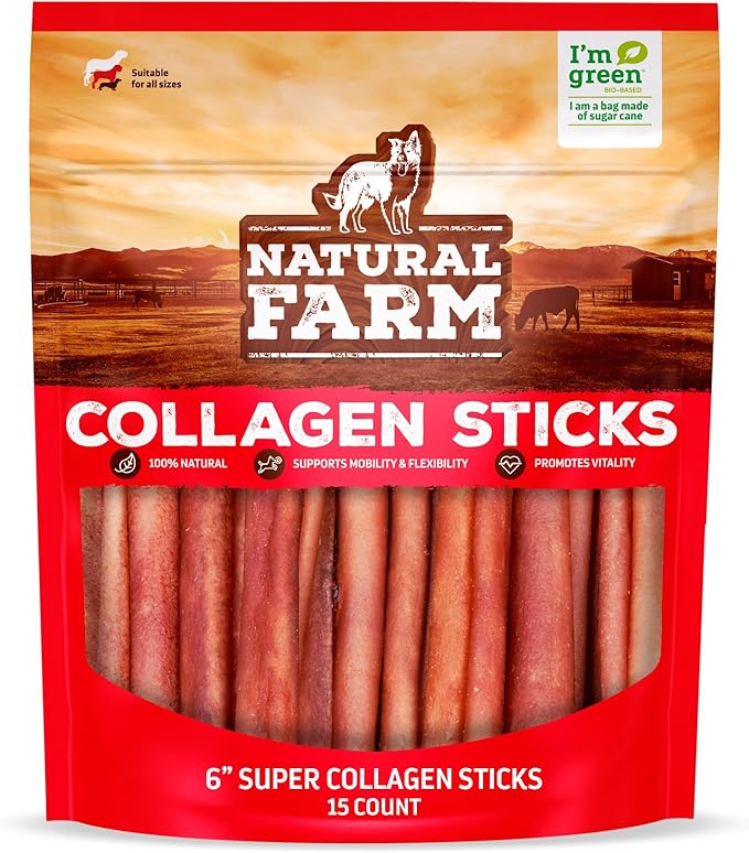 Natural Farm Odor-Free Super Collagen Dog Chews (6-Inch, 15-Pack) The First Ever Real Bull Sticks Alternative: 100% Natural Angus Hide Collagen Treats - More Protein, More Chew Time for All Dogs