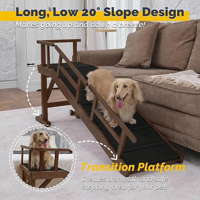 Dog Ramp for Bed or Couch, Wooden Pet Ramp with 20° Gentle Slope, Removable Side Rails, Non-Slip Surface, Top Platform & Wheels, Safe Bed Ramp for Small, Medium & Senior Dogs, 60" Long, Walnut