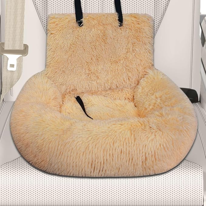 Small Dog Car Seat,Plush Cat Booster Car Seat - Non-Slip Travel Bed Pet Cushion for Traveling Camping Kitten Road Trip Daily Commuting Vet Visit Adventures