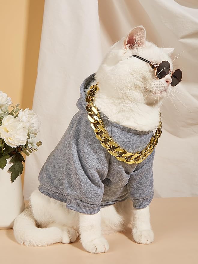 QWINEE 3Pcs Dog Hoodie Cat Apparel Dog Custume Set with Necklace and Sunglasses Pet Clothes for Puppy Small Medium Dogs Cats Grey M