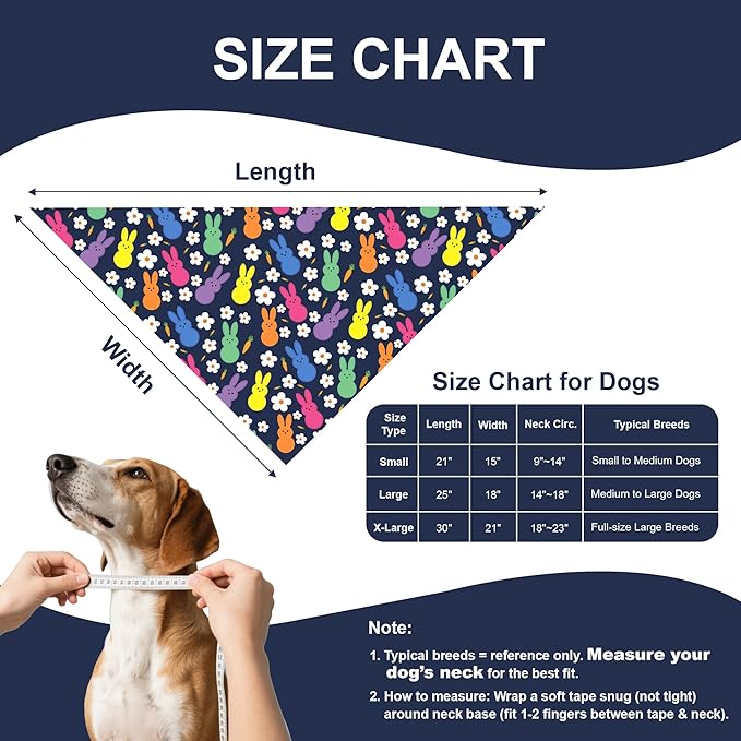 Easter Dog Bandana for Medium Large Dogs 14-18" Neck - Reversible Navy Bunny & Pastel Stripes Scarf, Cute Pet Accessory for Spring Gift