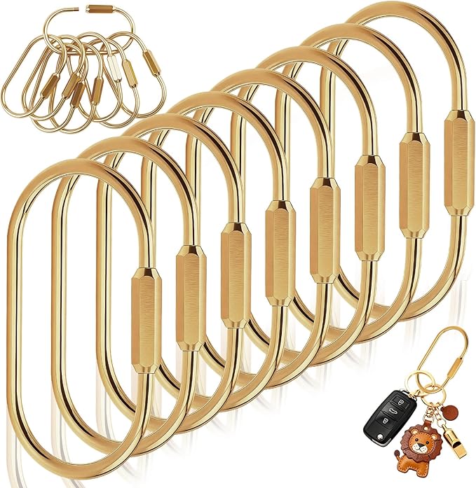 Brass Keychain Carabiner Clips - 8 PCS Gold Screw Lock Key Rings, Loose Leaf Binder Rings, Gold Carabiner Clip with Secure Locking Screw Brass Key Ring for Keys, Bags, Pet Collars & Luggage Tags
