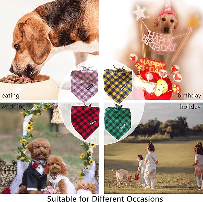 Adjustable Plaid Dog Bandanas,1PC Soft Washable Cotton Triangle Bib Kerchief Scarfs for Small Medium Large Dogs and Cats (Square Yellow, Large)