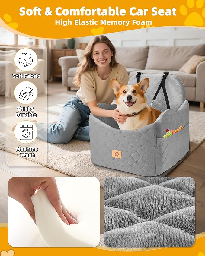 Car Seat Booster for Dog: High-Support Memory Foam Pet Car Seat for Small/Medium Dogs Under 35lbs with Elevated Cushion - Detachable Washable Puppy Travel Bed for Driving with Pockets