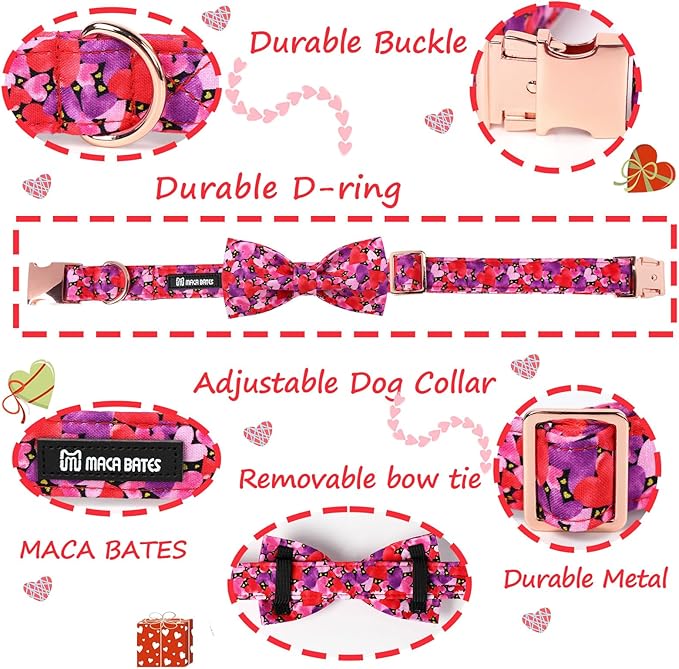 Maca Bates Valentine's Day Dog Collar with Fancy Bow for Extra Small Girl Boy Dogs,Tiedyed Love Hearts Pattern,Adjustable Durable Soft Valentine Gift for Female Male Puppy