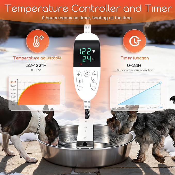 Heated Automatic Dog Water Bowl Dispenser Outdoor Heated Pet Waterer Thermal-Bowl Auto Fill Water Bowl for Large Dog, Cat, Chicken, Duck, Adjustable Temperature & Timer
