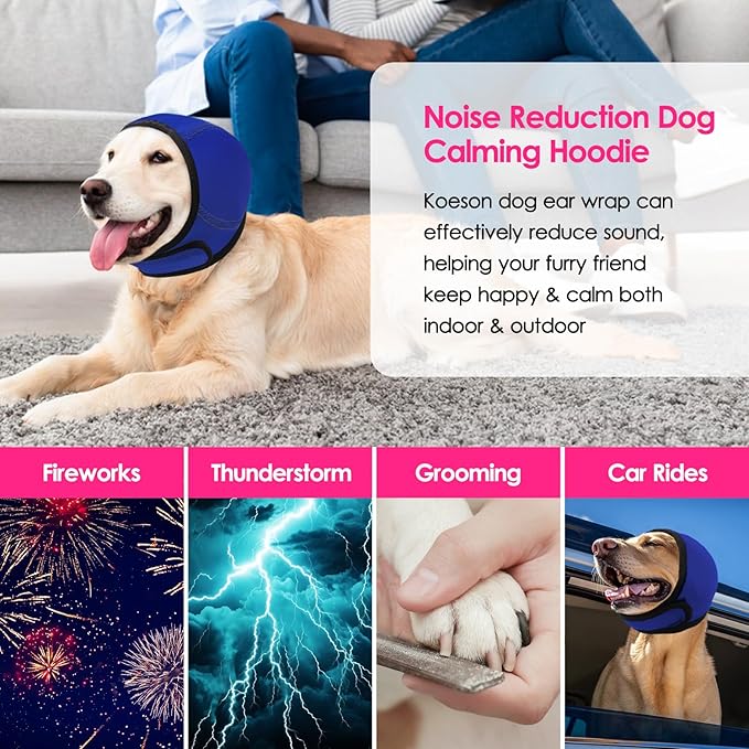 KOESON Dog Calming Hoodie - No Shake Ear Wraps for Dogs, Anxiety Relief & Noise Protection, Water Resistant Pet Ear Cover Muffs for Thunderstorms, Swimming, Firework, Grooming, Bathing, Royal Blue M