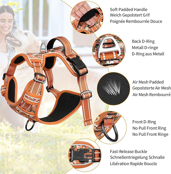 HEELE Dog Harness, No Pull Adjustable Padded Reflective Harness for Small Medium Large Dogs with Handle for Walking Training, Flower-Orange,L