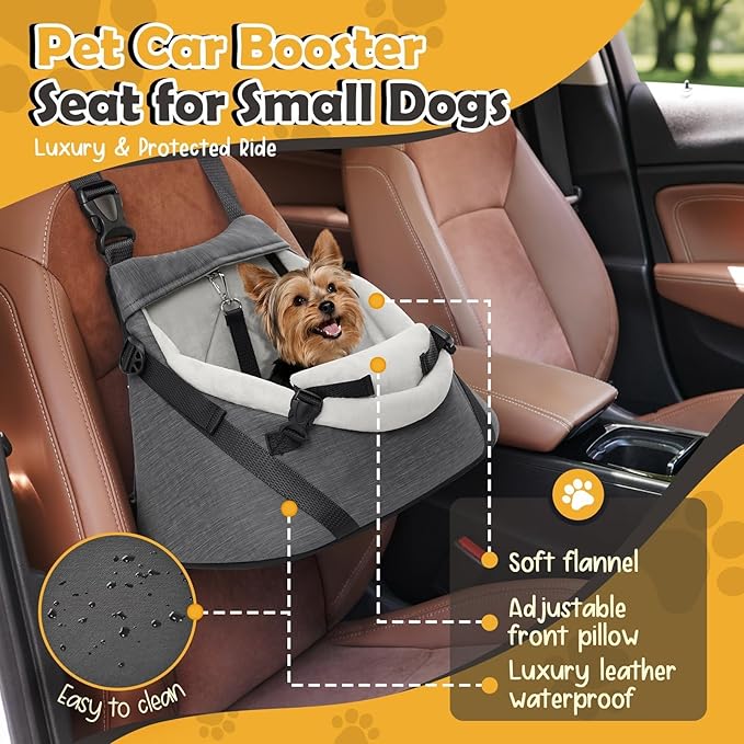 WOYYHO 1-7 lbs Tiny Dog Car Seat for Teacup Yorkie Luxury PU Leather Dog Booster Seat for Small Animals Cats Bunny Lizard Guinea Pigs with Safety Belt, Soft Flannel Lining, Adjustable Height