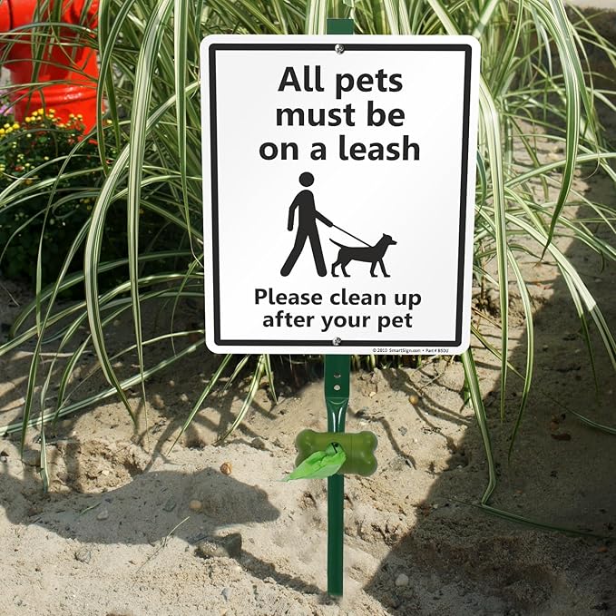 SmartSign All Pets On A Leash Please Clean Up After Your Pet Yard Sign & Clip-On Plastic Dispenser Combo/Kit, 10"x12" Aluminum Sign with 3ft Stake, Compact Dispenser Preloaded with a 15 Poop Bags Roll