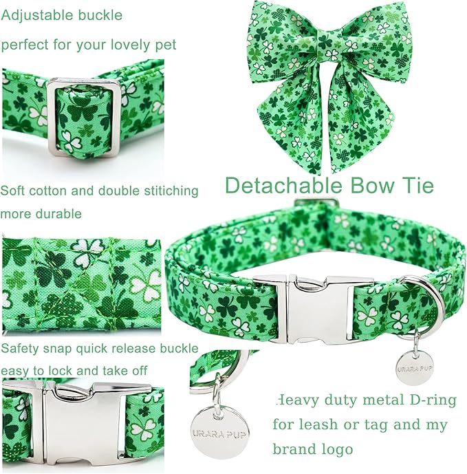 St. Patrick's Dog Collar with Bow Tie, Cotton St. Patrick's Bowtie Collar for Small Girl Boy Dog, Lucky Shamrock Dog Collar with Metal Buckle, Green, Spring, S