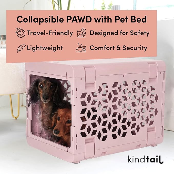 KindTail PAWD Collapsible Puppy and Dog Crate + Washable Bed - Stylish Pet Kennel with Comfortable Pad - Safe Indoor Set - Lightweight, Compact & Portable for Travel - Small White