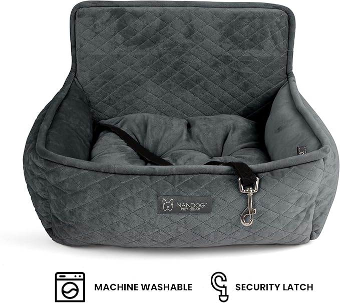 Nandog Pet Gear Luxury Dog Car Seat Bed w/Removable & Washable Pad Insert & Thick Car Seatbelt Straps - Secure, Comfortable, Easy-to-Clean Pet Carrier (Dark Grey, 18" L x 16" W in)