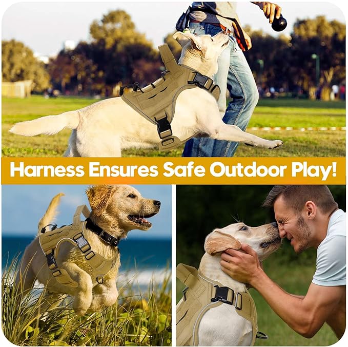 Heavy-Duty Tactical Dog Harness for Large Dogs, No Pull Adjustable Reflective Pet Vest with Molle System, K9 Military-Grade Control for Service Training, Outdoor & 10+ Breeds, Khaki, Medium