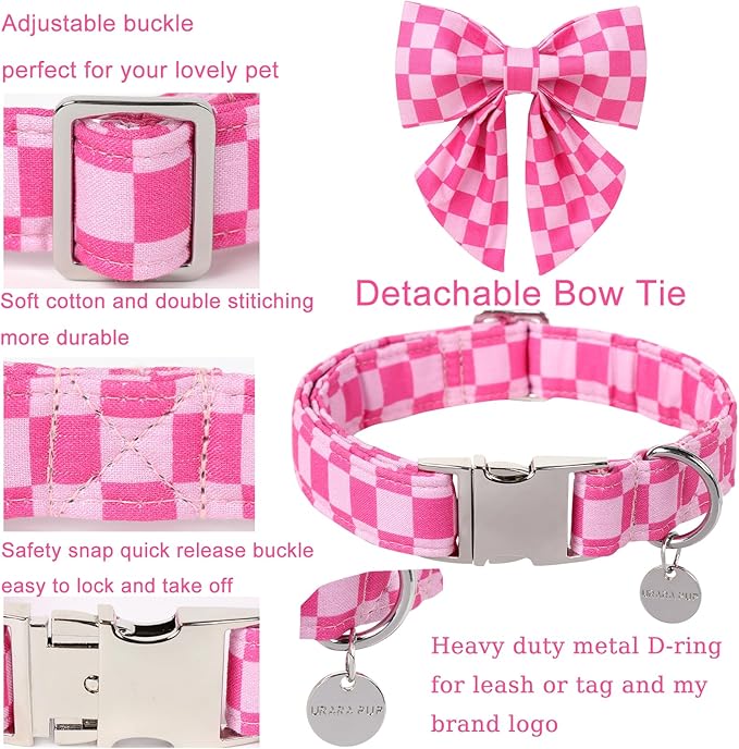 Dog Collar with Bow Tie,UP URARA PUP Pink Plaid Bowtie Dog Collar, Summer Bowtie Collar for Puppy Boy Girl Dog, Comfortable Cotton Dog Collar with Metal Buckle,XL,Neck 16-26in, PinkPlaid CS