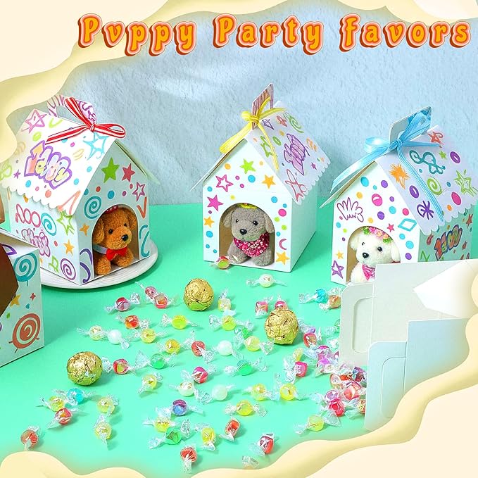 Afcabakila 24PCS Dog House Party Favor Boxes, Dog House Shaped Treat Gift Boxes with Holes Foldable Cardboard with Handles for Puppy Adoption, Birthday, Pet Theme Decorations (Dolls Not Included)
