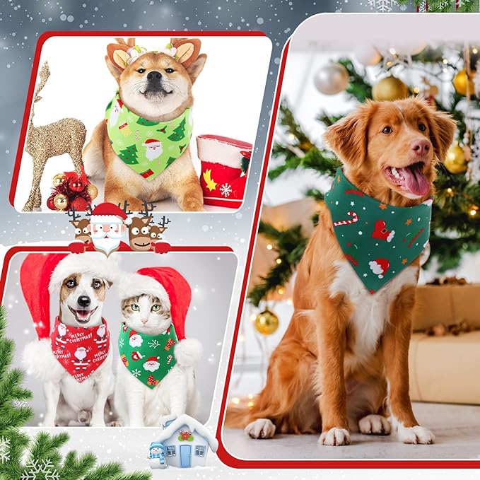 Preboun 50 Pcs Christmas Dog Bandanas Bulk Red and Green Bandanas for Dogs Triangle Kerchief Bibs Scarf Set for Pet Xmas Costume Photo Props Accessories Pet Shops, 25 Styles (31.5 x 21.7 x 21.7)