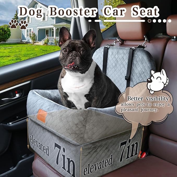Dog Booster Car Seat with 7 Inches of Interior Height,Elevated Pet Car Seats for Small/Medium Sized Dogs,Puppy Portable Carseat,Washable Removable Cover Travel Safety Seat,Easy to Use(H-Grey)