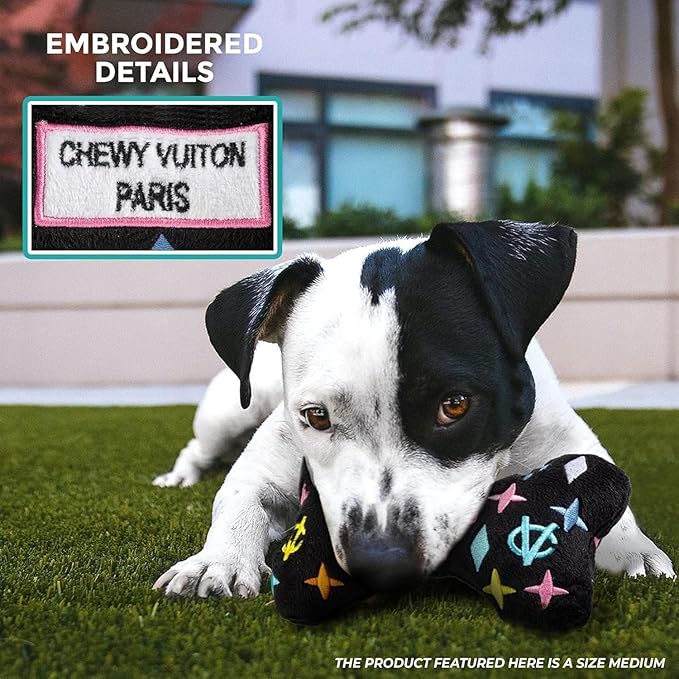 Haute Diggity Dog Medium Chewy Vuiton Bones Plush Dog Toys for Small, Medium & Large Dogs, 4-Pack Durable Stuffed Designer-Inspired Pet Toys with Interactive Squeaker, Machine-Washable & Safe