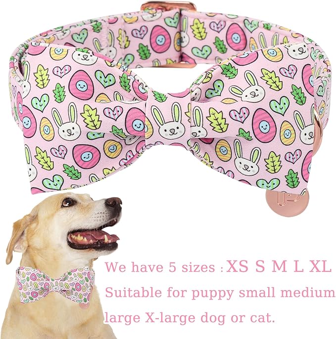 Easter Bunny Dog Collar with Bowtie,Cotton Easter Eggs Bowtie Collar for Puppy Girl Boy Dogs,Cute Bunny Pet Collars with Metal Buckle,Gift Dog Collars, XS, Neck 8-12in