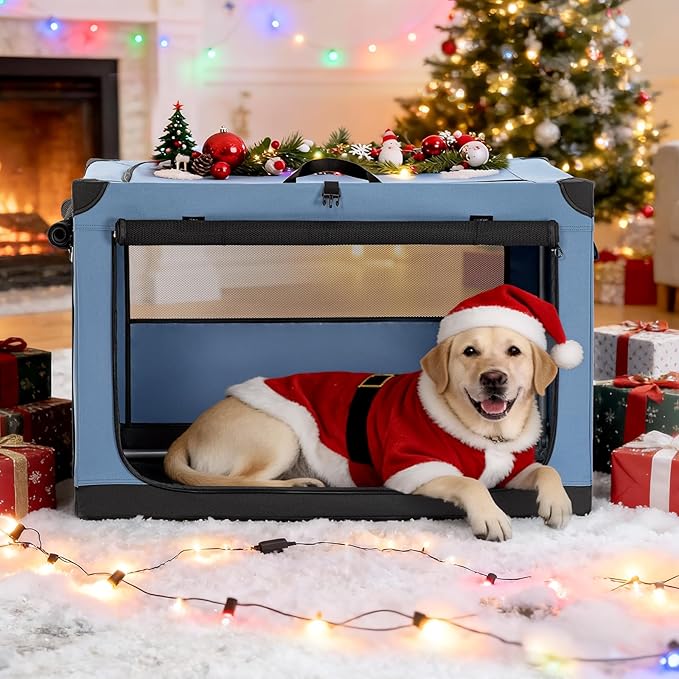 PETSFIT Portable Dog Crate, with Patented Adjustable Fabric Cover, Chewproof & Lockable Mesh Doors, Waterproof Base Collapsible Kennel Blue 36 Inch