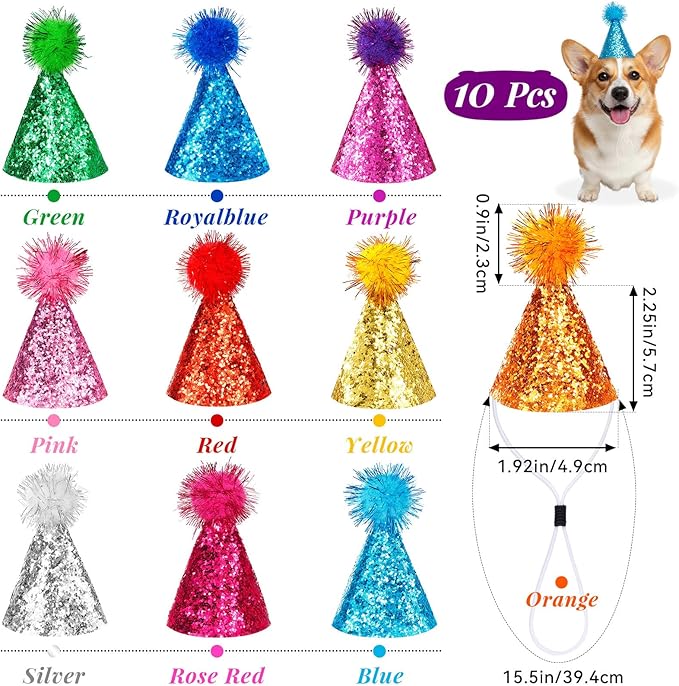 Mini Party Hats, 10Pcs Small Birthday Hats with Sequins for Stuffed Animals, Glittery Cone Party Hats with Pom-Pom Top for Dogs Cats Puppies Kittens, Colorful Festive Birthday hat for Pet Celebrations