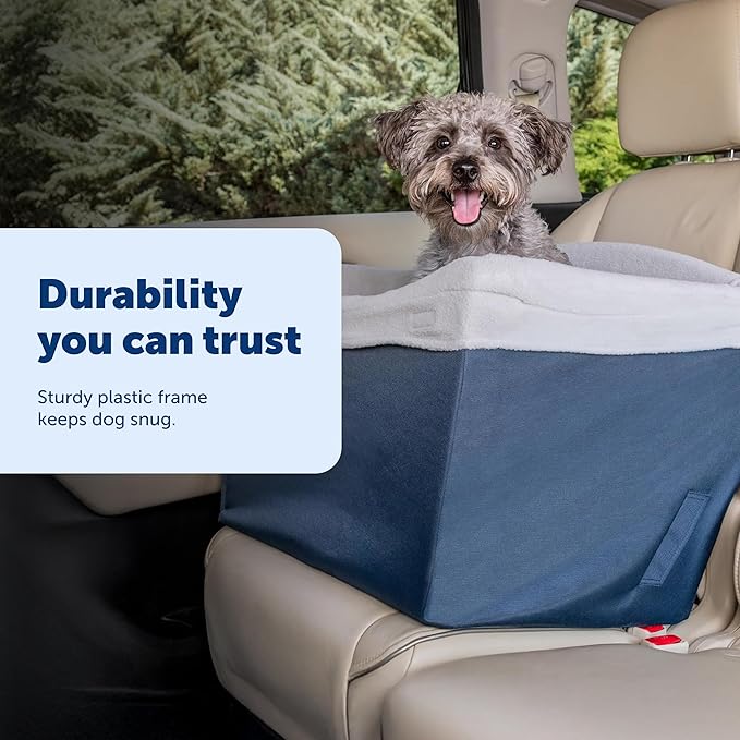 PetSafe Happy Ride Dog Safety Seat - Protects Car Seats from Hair & Scratches - Elevated Design for Better View - Machine Washable Fleece Liner - for Dogs Up to 30 lb - Navy