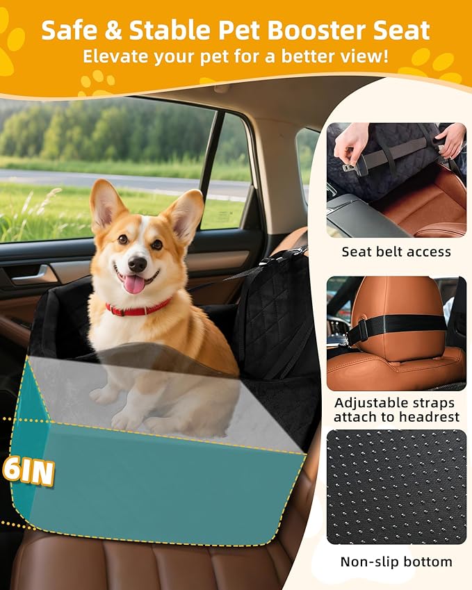 Car Seat Booster for Dog: High-Support Memory Foam Pet Car Seat for Small/Medium Dogs Under 35lbs with Elevated Cushion - Detachable Washable Puppy Travel Bed for Driving with Pockets