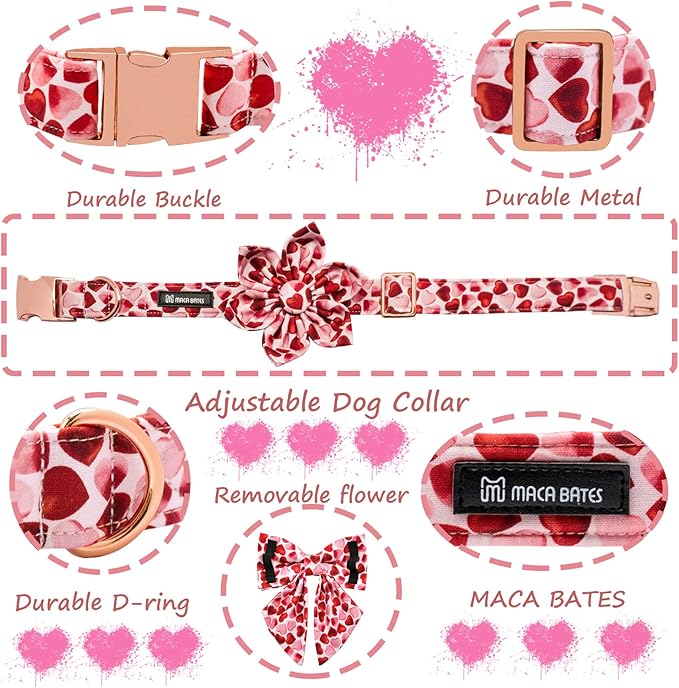 Maca Bates Valentine's Day Dog Collar with Sailor Bow for Large Girl Boy Dogs,Red Love Hearts Pattern,Adjustable Durable Soft Valentine Gift for Female Male Puppy