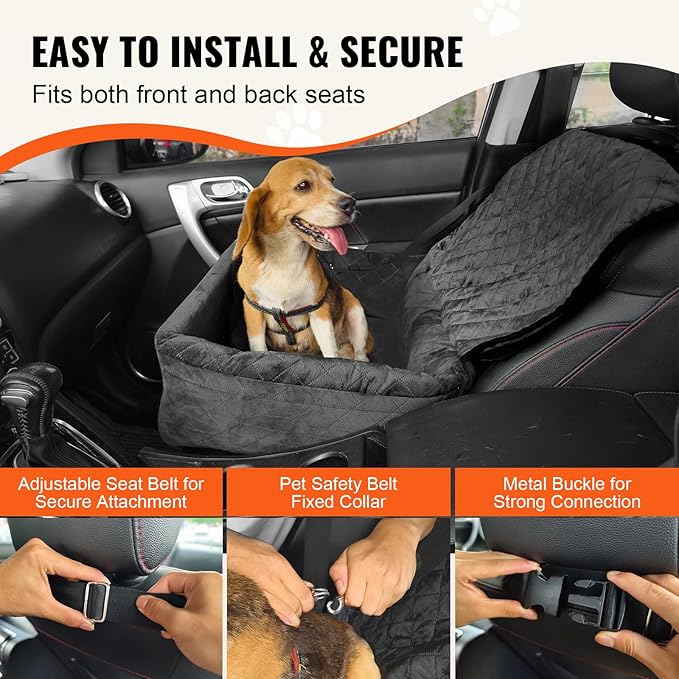 Happybuy Dog Car Seat, Dog Booster Seat for Car with A Storage Pocket, Clip-On Safety Leash, Sponge and PP Cotton Filling, Dog Car Bed for Small & Medium Dog up to 40lbs, Black