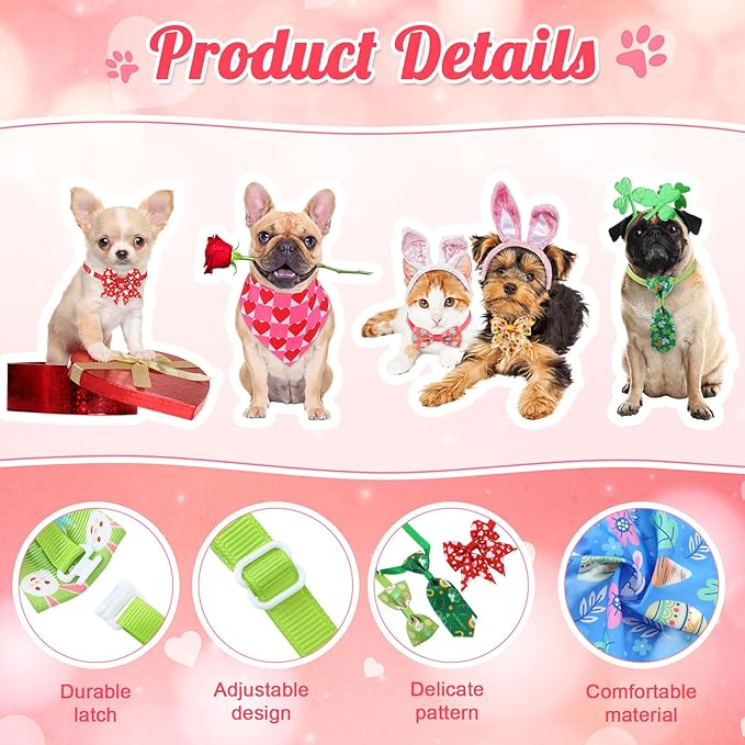 Reginary 120 Pcs Valentine St. Patrick's Day Easter Dog Bandanas Bulk Dog Bows Set Bow Ties Cat Scarf Colorful Washable Triangle Pet Kerchief Cute Bib for Small Medium Large Pets Grooming Accessories