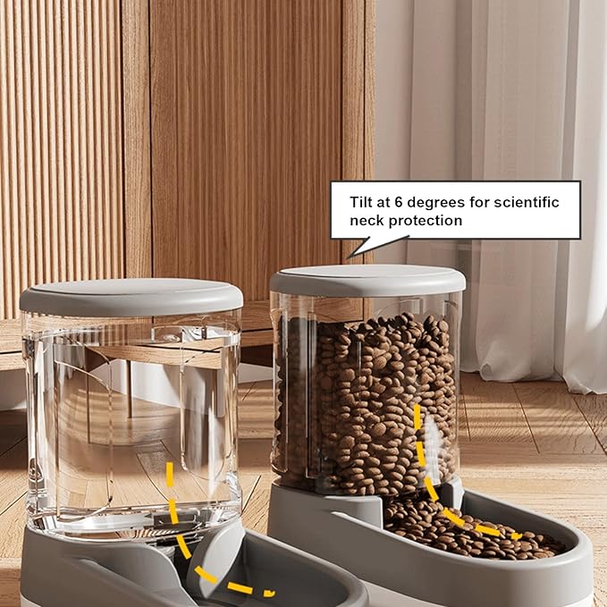 Gravity Pet Feeder & Water Dispenser Set (2Pcs), 1 Gallon Large Capacity Auto-Fill Top Fill Dog Cat Bowl, Fully Transparent Food Container with 6° Tilted Base for Healthy Feeding (Grey)