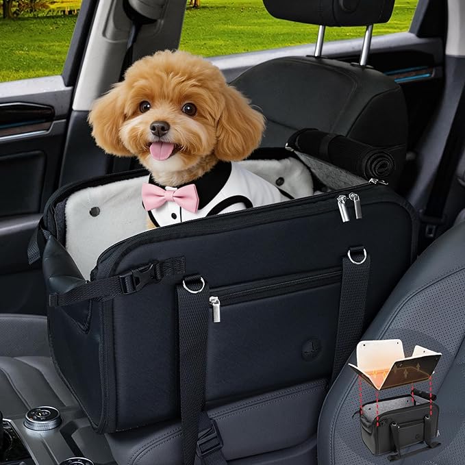 YUDODO 10-18lbs Large Console Dog Car Seat (Width＞9in) Fits Truck & SUV, Luxury Puppy Cat Travel Portable Booster Seat with Removable Velvet Cushion, Anti-Slip Pet Car Bed Carseat PU Leather Black