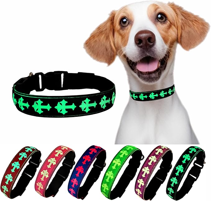 LED Dog Collar with ID Tag Set, Glowing Cross Pattern, Multiple Colors, Silicone Material (Black, M(11.8-15.7"))