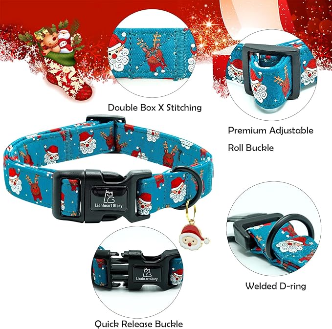 Lionheart glory Christmas Dog Collar, Blue Christmas Santa Deer Dogs Collar Adjustable Soft Comfortable Collars for Large Dogs Girl or Boy Pet Gift Fall Cute Collar
