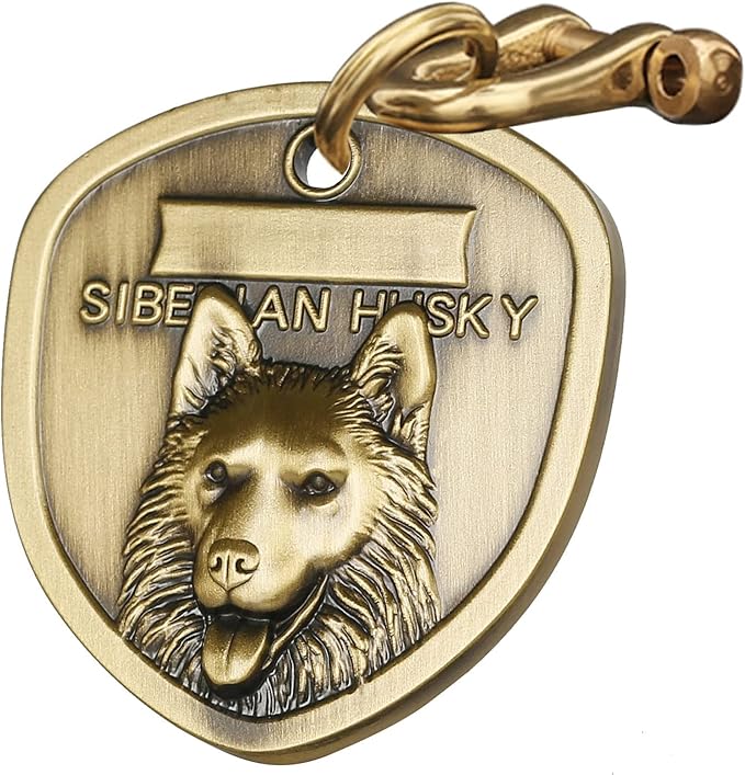 Vintage Pure Copper Personalized Dog Tags, Three-Dimensional Relief Pet Pattern, Custom Pet Tags (A14-Siberian Husky)
