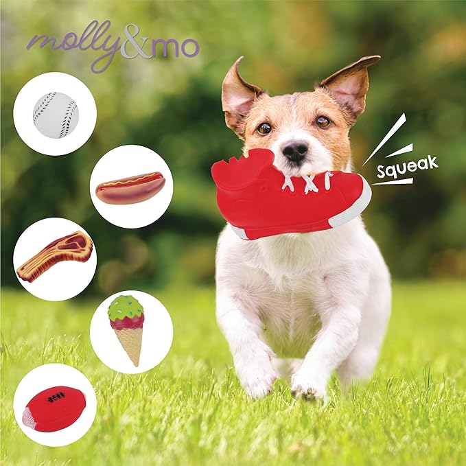 Molly & Mo Squeaky Dog Chew Toy Set with Baseball, Football and Shoe Shapes - Blue