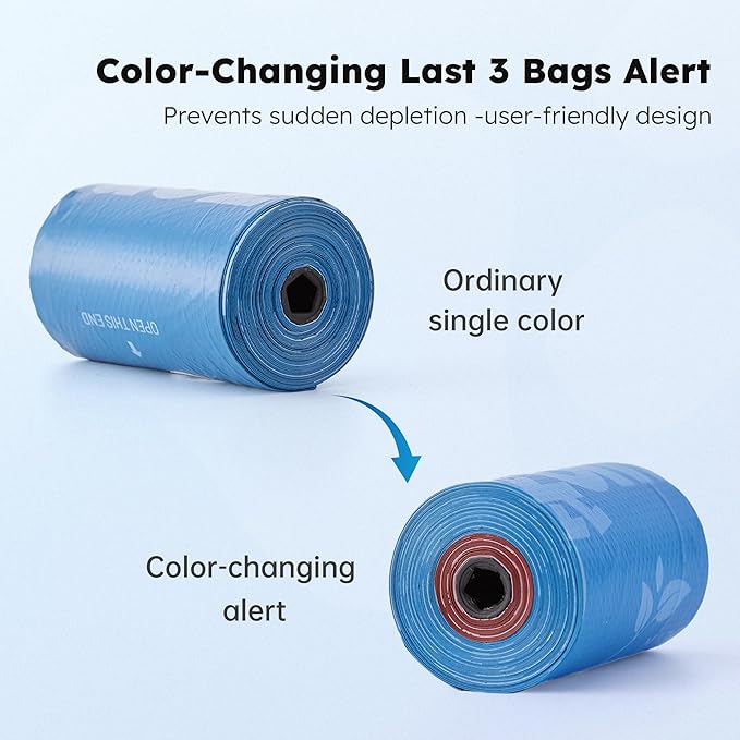 Dog Poop Bags Rolls with Holder - Color Changes for Low-Bag Alert, Black-Lined Lavender Dog Waste Bags 7 Rolls, Extra Thick 100% Leakproof, 70% Recycled GRS Certified, 105 Count