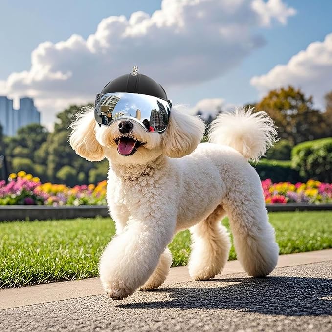 PETLESO Dog Helmet with Anti-UV Silver Goggles, Small Dog Motorcycle Helmet with Ear Holes, Drop-Down Biking Helmet, Adjustable Hat for Small Dogs Heads Protection with Rivets, Silver Lens
