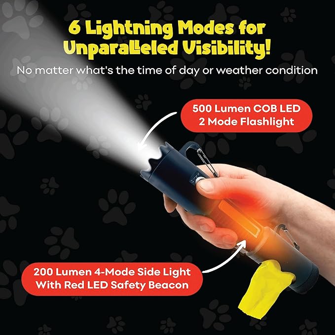 Dr. Mike's Doggie Doo All Rechargeable Flashlight with Poop Bag Dispenser, 6 Mode High Lumen Heavy Duty Flashlight with Sidelight, Self Defense Clip On Flashlight for Dog Leash with Waste Bags