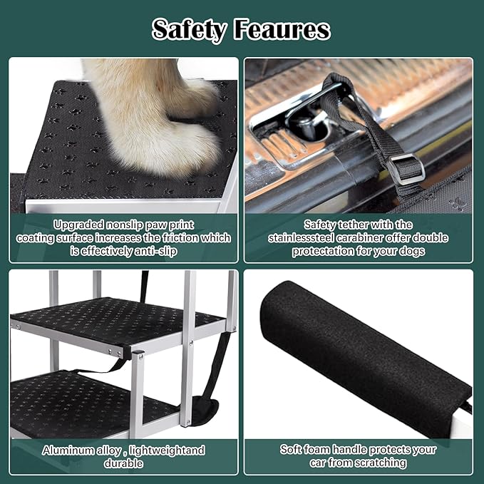 Dog Ramp for Car, Extra Wide Dog Stair for Large Dogs Car, Pet Steps Light Weight Aluminum Foldable Dog Steps for Cars and SUV,High Beds, Trucks, Supports up to 200 lbs (Extra Wide-4 Steps)