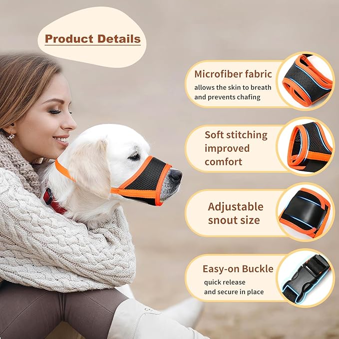 HEELE Dog Muzzle,Soft Nylon Muzzle Anti Biting Barking Chewing,Air Mesh Breathable Drinkable Adjustable Loop Pets Muzzle for Small Medium Large Dogs 4 Colors 4 Sizes (Orange, S)