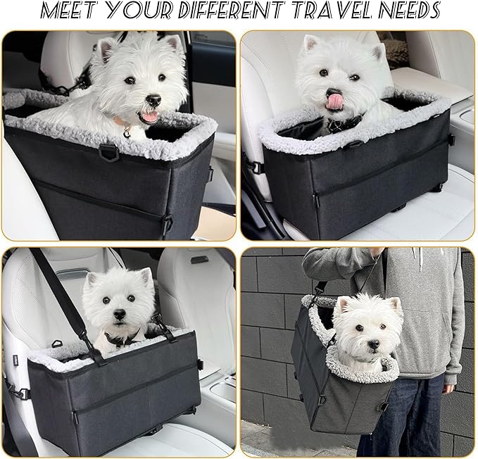 Center Console Dog Car Seat for Small Dogs Pets Under 20lbs with Additional Safety Belt Puppy Rope, Foldable&Washable Car Seats for Dogs with Pocket, Pet Cars Cushion, (Black 17 * 8 * 9inch)