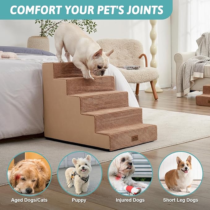 Dog Stairs for Small Dogs 5-Step, 19.7" Extra Wide Right-Angle Pet Stairs for Couch and Beds, Anti-Slip Dog Steps for Old Cats and Lowrider, 19.7x29.5x23.6 inch, Light Brown