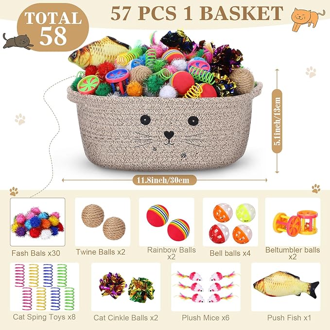 Zopeal 58 Pcs Cat Storage Basket Gift Toys Set, Colorful Flashing Balls Pet Bell Crinkle Balls Spring Toys Attract Cat to Swat, Hunt, Interactive for Pet(Dark Brown,12 Inch)