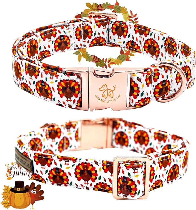 Elegant little tail Thanksgiving Dog Collar, Turkey Print Pet Collar Dog Durable Cute Dog Collars Winter Holiday Male or Female Pet Gift Adjustable Dog Collar for Small Puppy