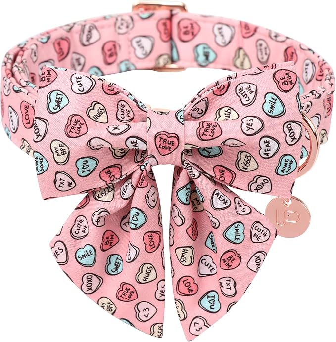 Valentine’s Dog Collar with Bow Tie, Pink Heart Bowtie Collar with Metal Buckle, Valentine’s Gift Pet Collar for Puppy Girl Boy Dog or Cat, Wedding Dog Collar, M