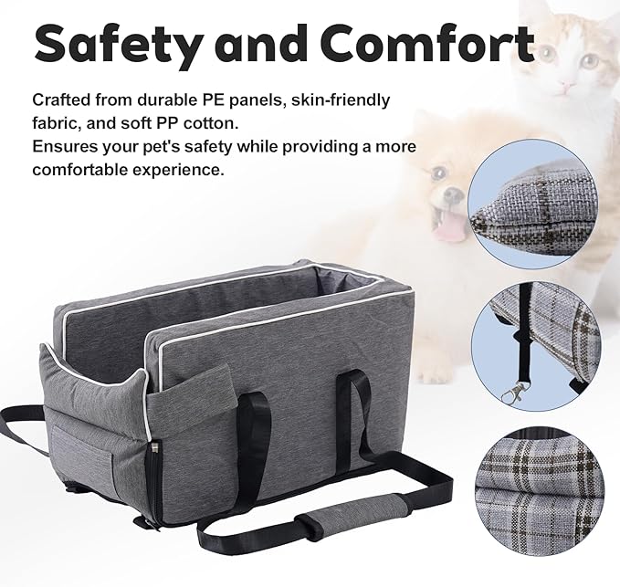 Dog Car Seat for Small Dogs - Portable Center Console Booster Seat with Anti-Collapse Design & Safety Tethers, Pet Travel Carseat Up to 15 lbs- Black